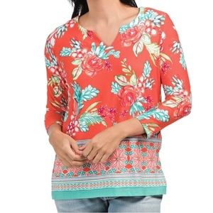 Pappagallo Top Womens XL Red Floral Border Print 3/4 sleeve Tunic split hem.